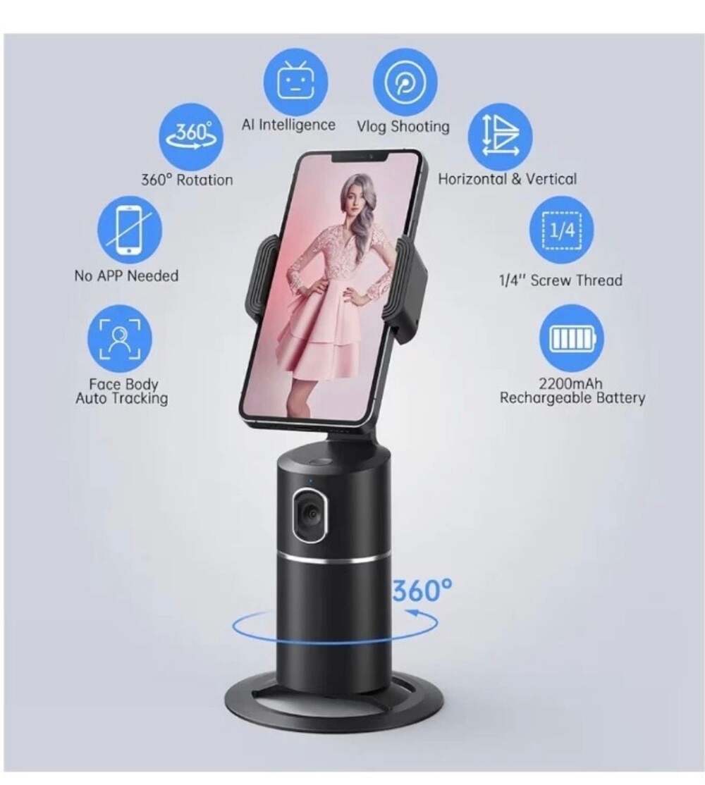 Auto Face Tracking Tripod, 360° Rotation AI Smart Tracking Phone Holder, No App - Picture 2 of 9